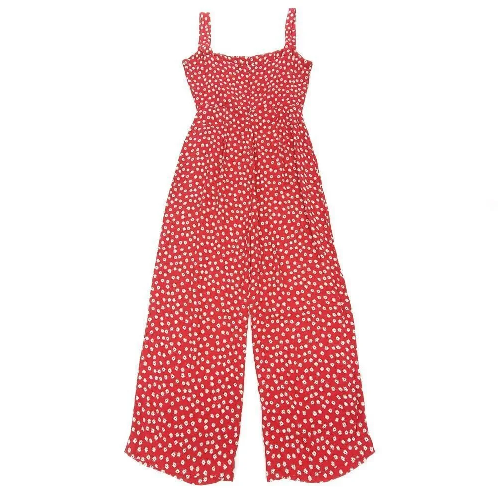 NEW Reformation Della Jumpsuit Wide Leg Button Down Crop Dallas Floral Red Daisy